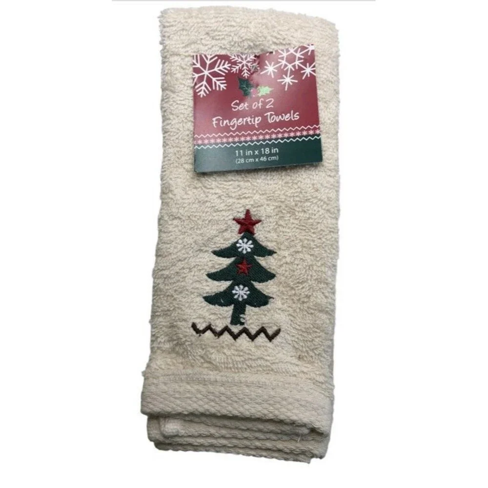 Nantucket Christmas Tree Fingertip Towels Embroidered Beige Bathroom